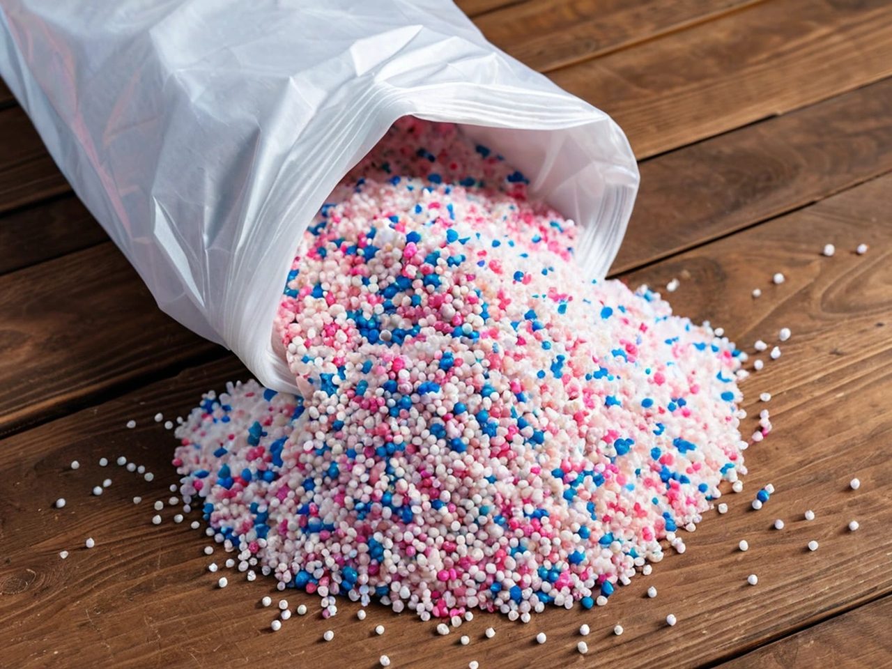 An open blank sack of multicoloured compound fertilizer granules (Illustrative image)